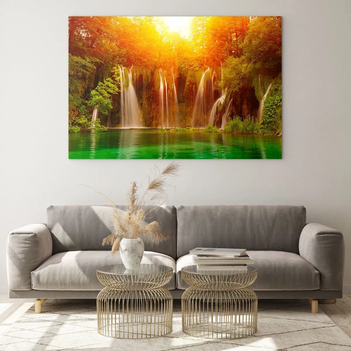 Impression sur verre - Image sur verre - Cascades dans une forêt ensoleillée avec de l'eau turquoise - 120x80cm - Au soleil et à l'ombre - Décoration murale moderne pour le salon et la chambre ARTTOR