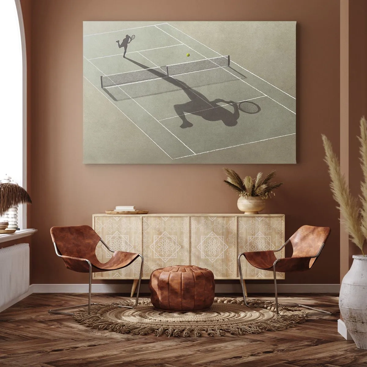 Impression sur toile - Image sur toile - L'ombre d'un joueur de tennis sur le court pendant un match de tennis - 70x50cm - Dépassement de soi - Décoration murale moderne pour le salon et la chambre ARTTOR
