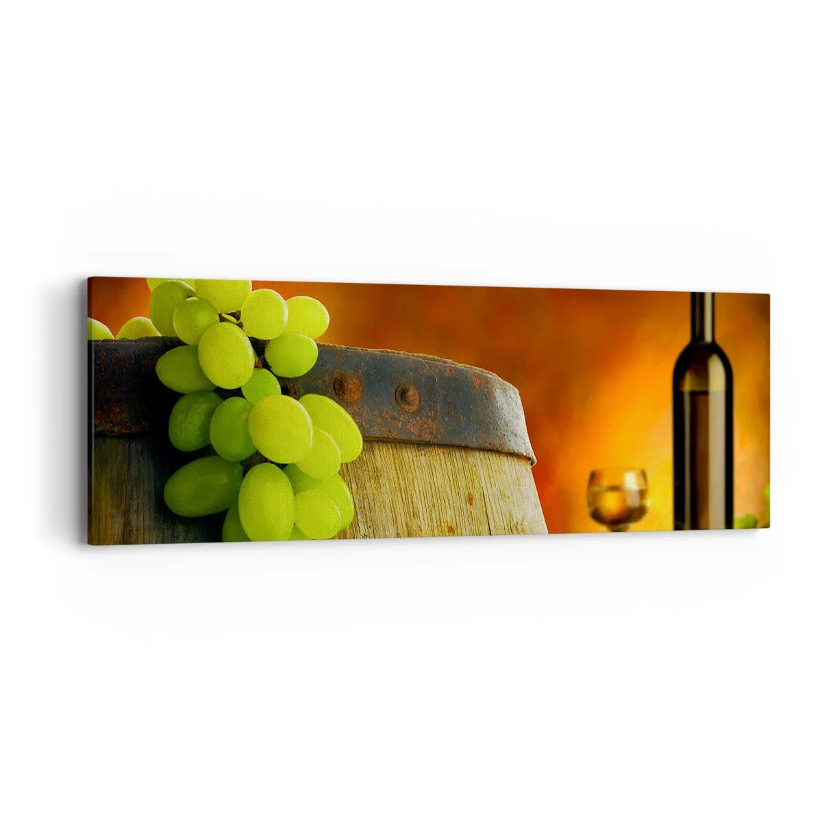 Impression sur toile - Image sur toile - Nature morte avec une bouteille de vin et une grappe de raisin - 90x30 cm