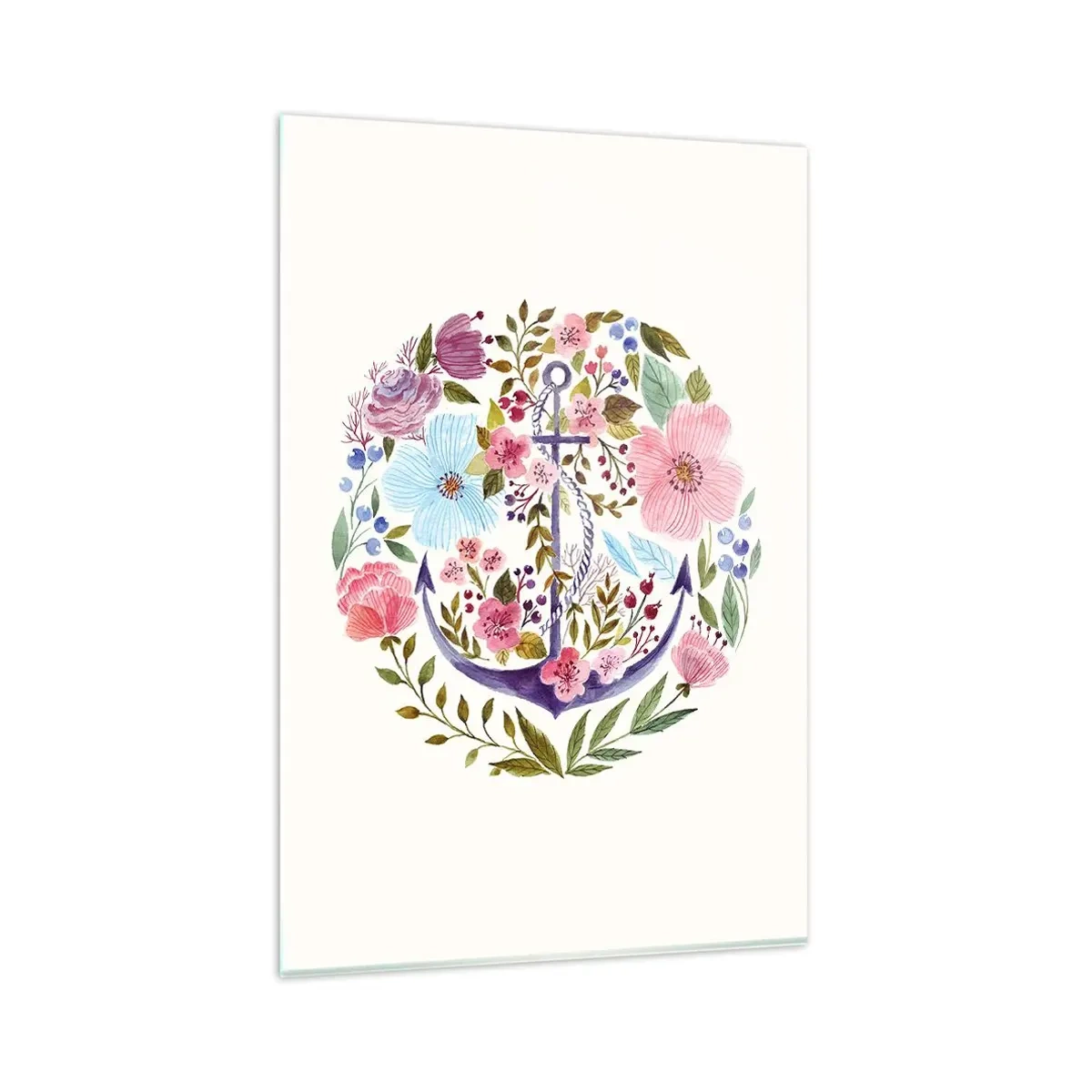 Impression sur verre - Image sur verre - Une ancre entourée de fleurs à l'aquarelle sur un fond clair - 80x120cm - Le beau rêve du marin - Décoration murale moderne pour le salon et la chambre ARTTOR