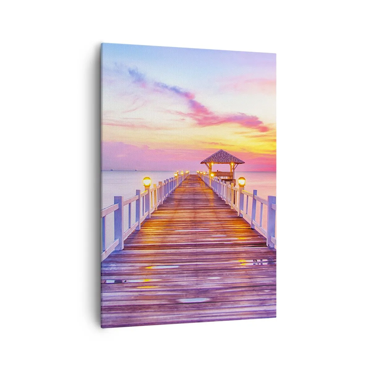 Impression sur toile - Image sur toile - Une jetée sur l'eau au coucher du soleil aux couleurs pastel - 70x100cm - Le silence lilas-doré du soir - Décoration murale moderne pour le salon et la chambre ARTTOR