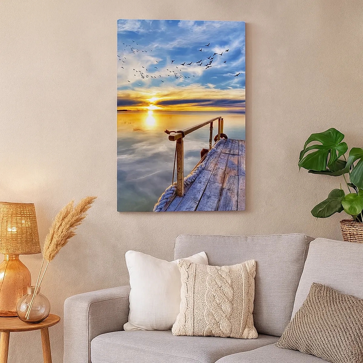Impression sur toile - Image sur toile - Jetée en bois sur le lac au coucher du soleil - 50x70cm - Le vent se repose - Décoration murale moderne pour le salon et la chambre ARTTOR