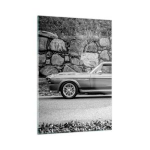 Impression sur verre - Image sur verre - Une voiture classique contre un mur de pierre - 50x70cm - Légende des années 60 - Décoration murale moderne pour le salon et la chambre ARTTOR