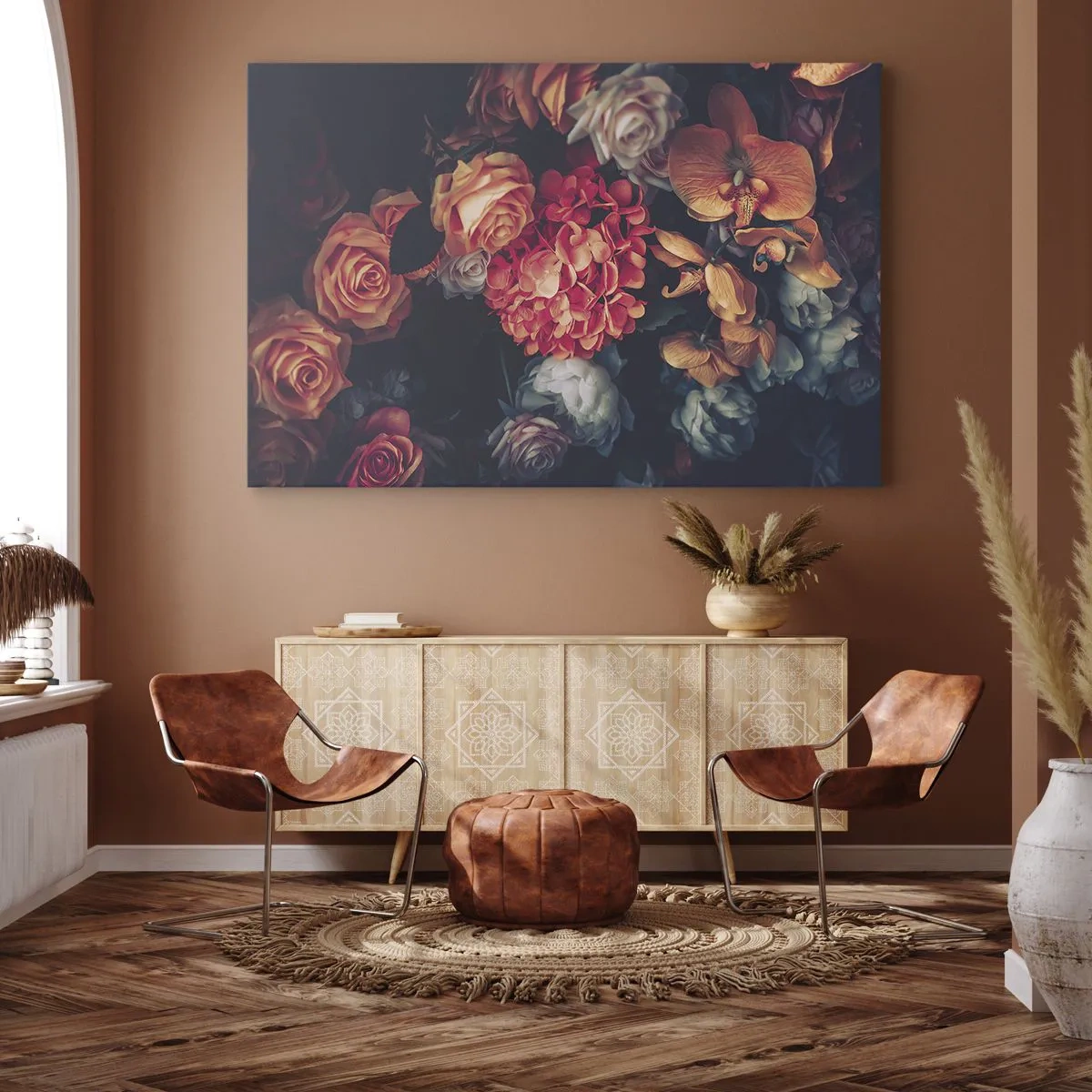 Impression sur toile - Image sur toile - Un bouquet de fleurs variées aux tons sombres - 120x80cm - Comme chez les maîtres hollandais - Décoration murale moderne pour le salon et la chambre ARTTOR