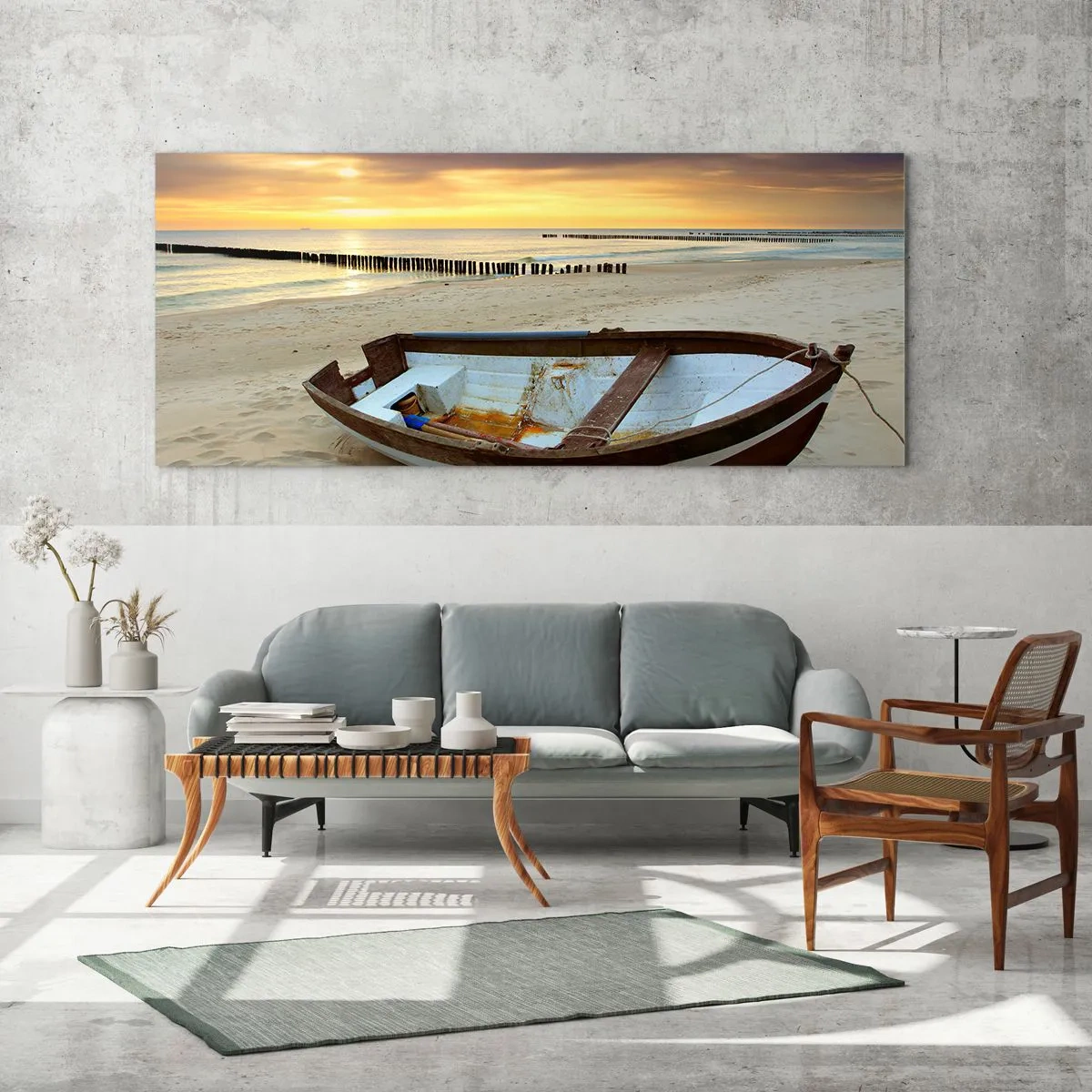 Impression sur verre - Image sur verre - Un bateau sur une plage de sable au coucher du soleil - 160x50cm - Il n'y a pas de plus belles plages - Décoration murale moderne pour le salon et la chambre ARTTOR