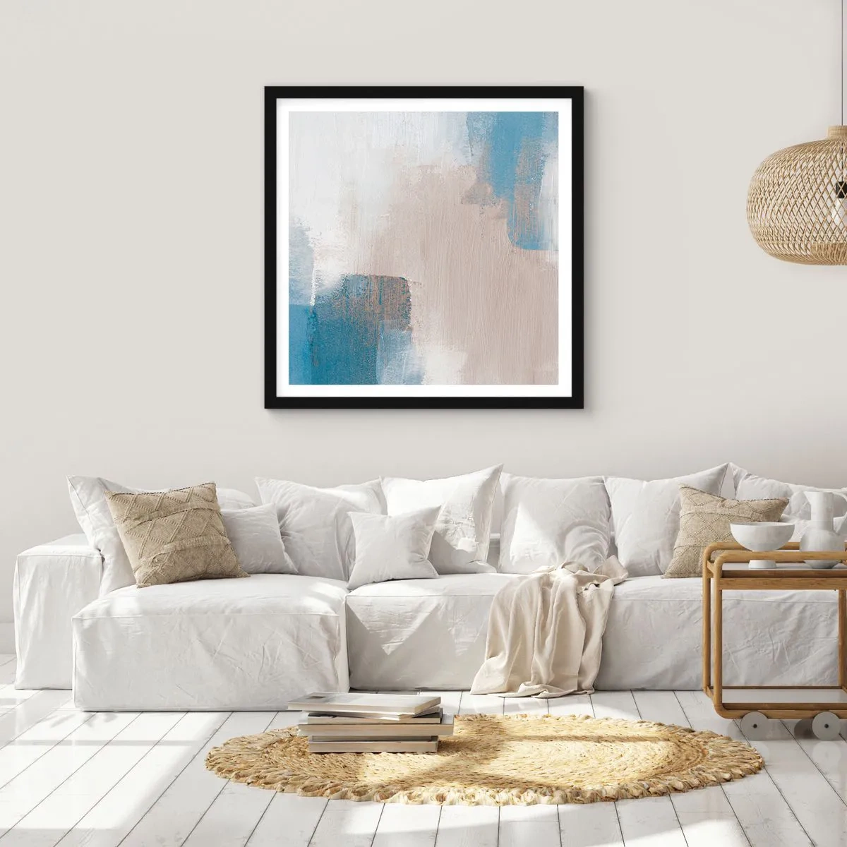 Affiche dans un cadre noir - Poster - Abstraction rose derrière un rideau de bleu - 30x30 cm