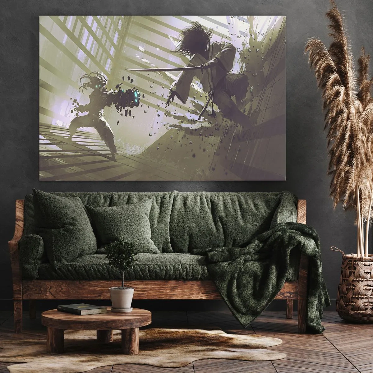 Impression sur toile - Image sur toile - Combat dynamique entre deux personnages dans un style futuriste - 120x80cm - Et tu peux être un samouraï - Décoration murale moderne pour le salon et la chambre ARTTOR