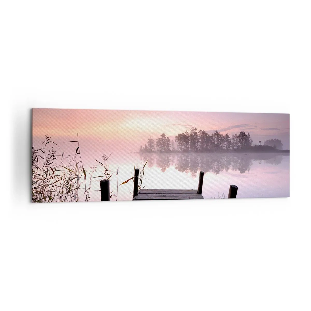 Impression sur toile - Image sur toile - Une jetée au bord du lac à l'aube avec du brouillard et un ciel pastel - 160x50cm - De la brume lilas… - Décoration murale moderne pour le salon et la chambre ARTTOR