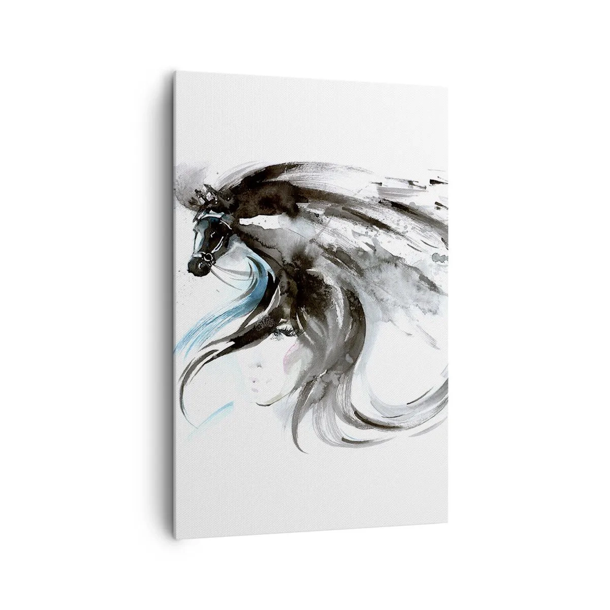 Impression sur toile - Image sur toile - Une femme et un cheval dans une aquarelle mystique pleine de dynamique - 80x120cm - Galop du prince noir - Décoration murale moderne pour le salon et la chambre ARTTOR