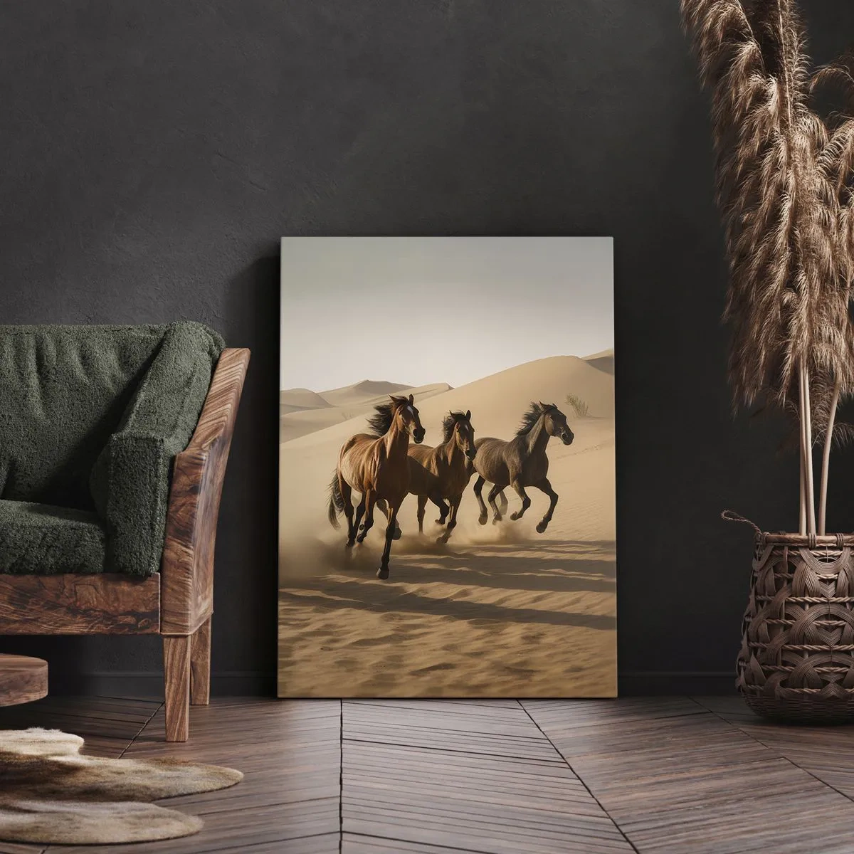 Impression sur toile - Image sur toile - Chevaux au galop sur fond de désert - 70x100cm - Libre comme le vent - Décoration murale moderne pour le salon et la chambre ARTTOR