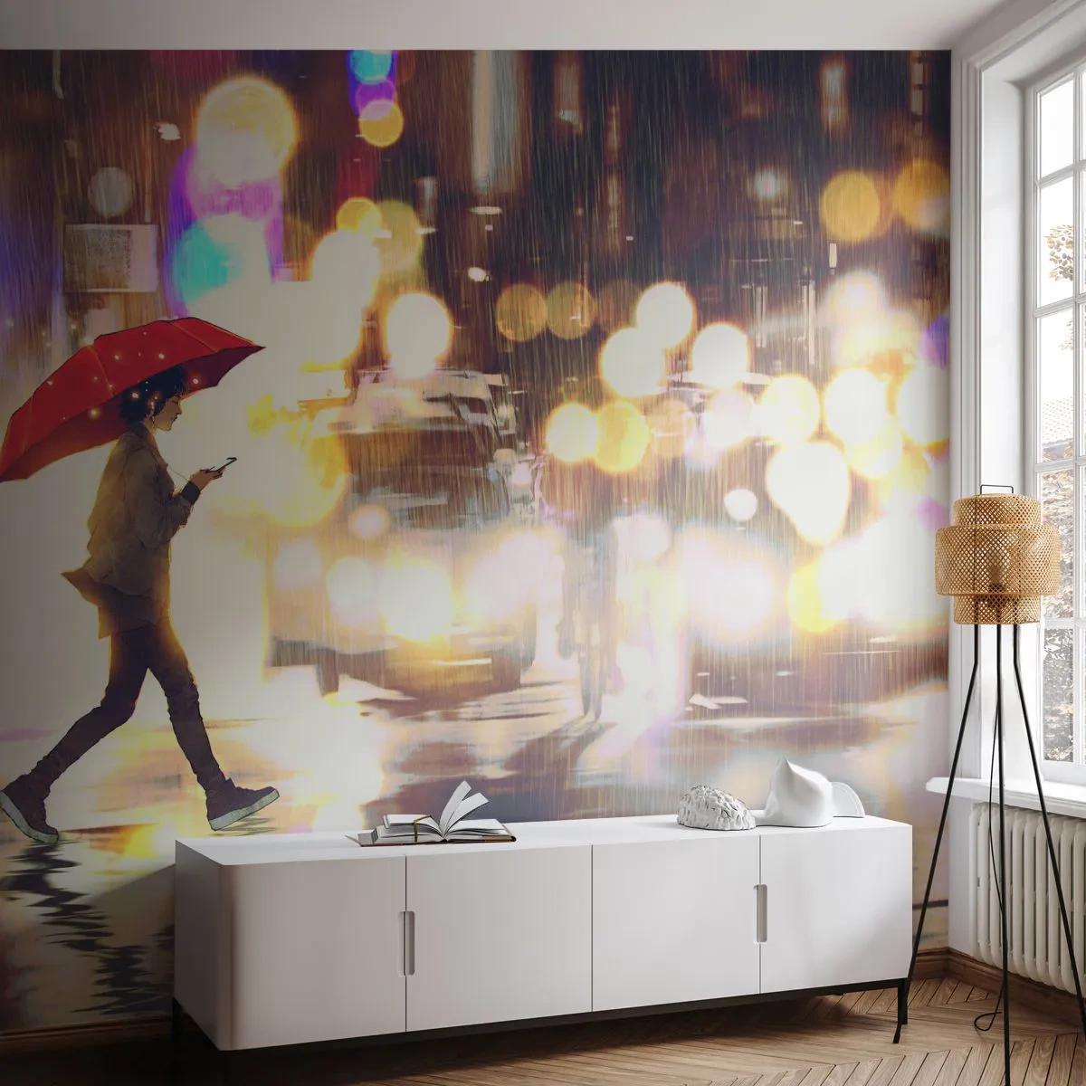 Papier Peint Autocollant Deluxe Sticker - Et pourtant ensoleillé - Ville, Marcher sous la pluie, Parapluie - 100x70 cm