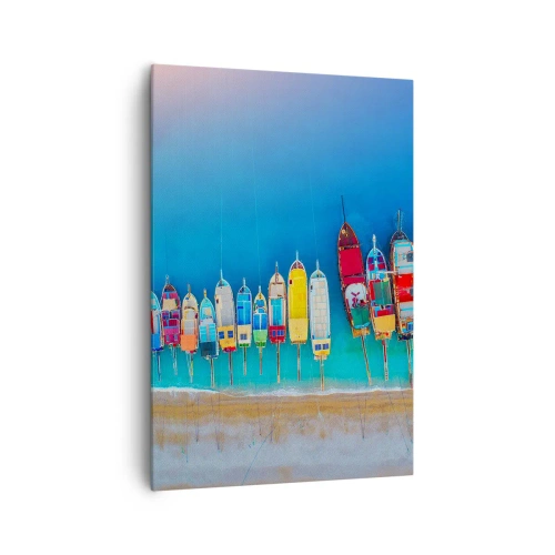 Impression sur toile - Image sur toile - Des bateaux colorés alignés en rangée sur le rivage - 70x100cm - Une vue à vol d'oiseau - Décoration murale moderne pour le salon et la chambre ARTTOR