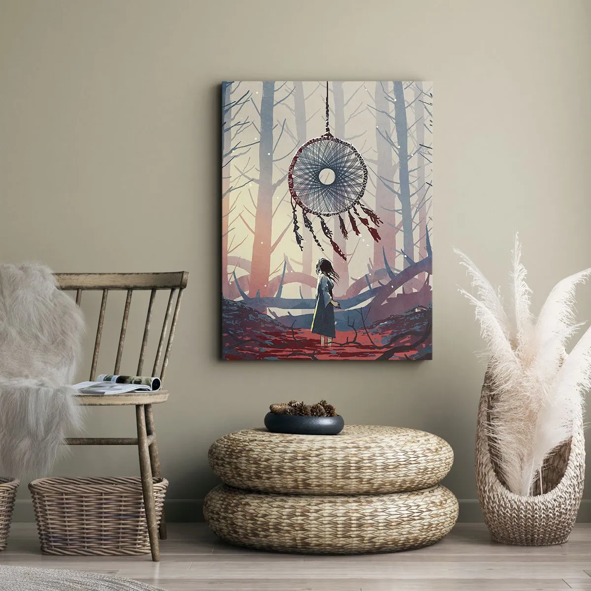 Impression sur toile - Image sur toile - Scène de forêt avec un attrape-rêves géant - 50x70cm - Rituel secret du bonheur - Décoration murale moderne pour le salon et la chambre ARTTOR