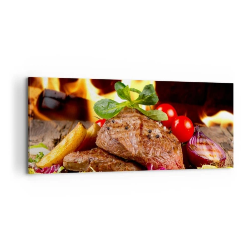 Impression sur toile - Image sur toile - Steak grillé avec accompagnements sur fond de flammes - 120x50cm - Ensorcelé par la braise - Décoration murale moderne pour le salon et la chambre ARTTOR