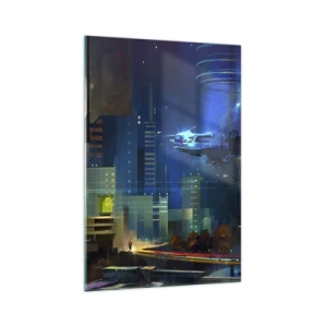 Impression sur verre - Image sur verre - Ville futuriste la nuit avec des néons et un véhicule volant - 70x100cm - Dans le futur proche - Décoration murale moderne pour le salon et la chambre ARTTOR