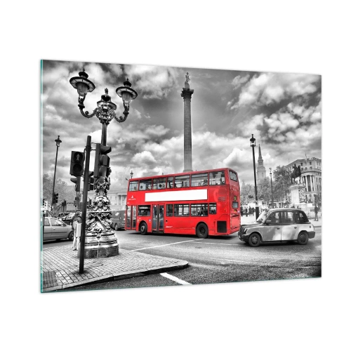 Impression sur verre - Image sur verre - Un bus rouge sur un paysage urbain en noir et blanc - 100x70cm - La vraie circulation sanguine de la ville - Décoration murale moderne pour le salon et la chambre ARTTOR