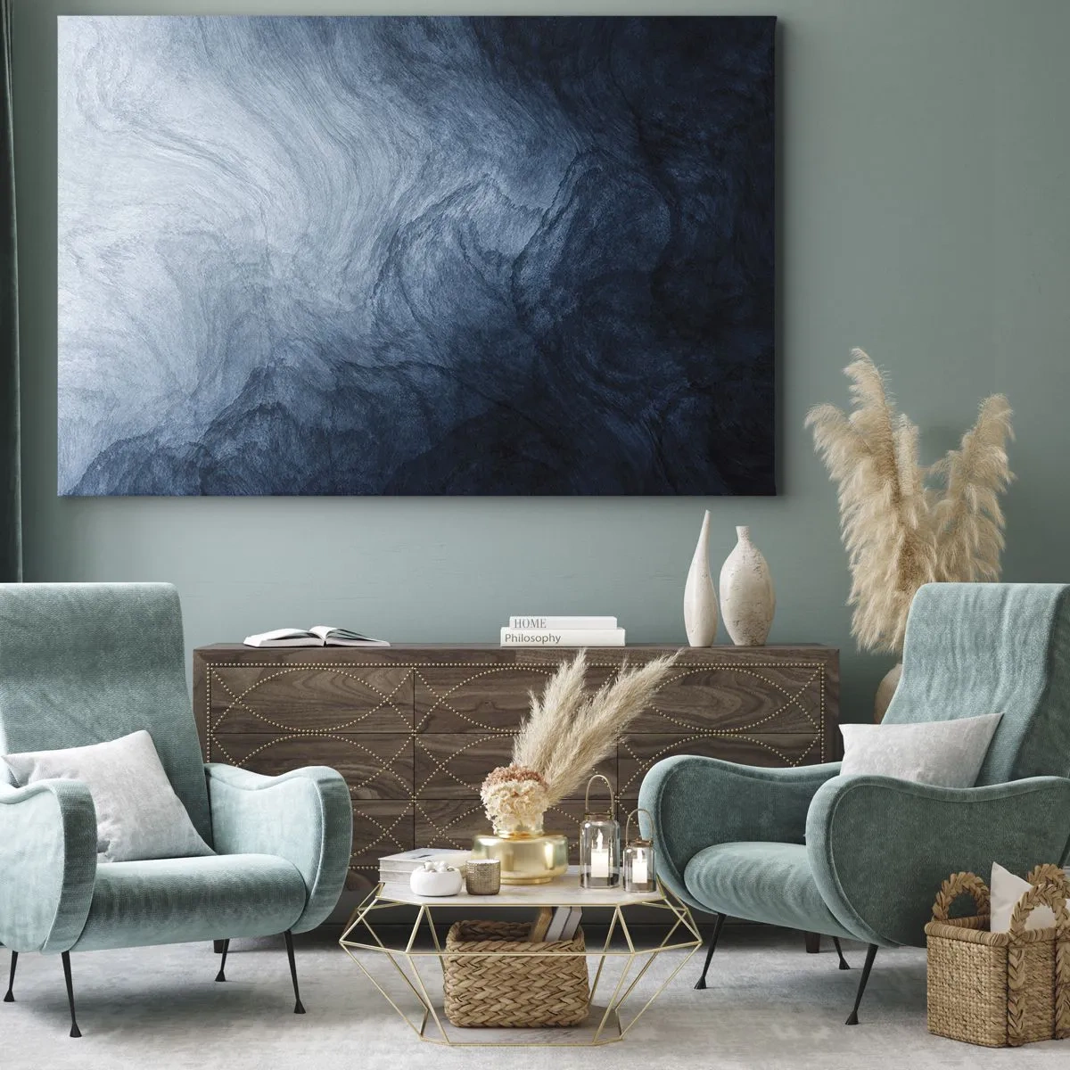 Impression sur toile - Image sur toile - Une composition abstraite dans les tons de bleu et bleu marine. - 70x50cm - Atteindre en profondeur - Décoration murale moderne pour le salon et la chambre ARTTOR