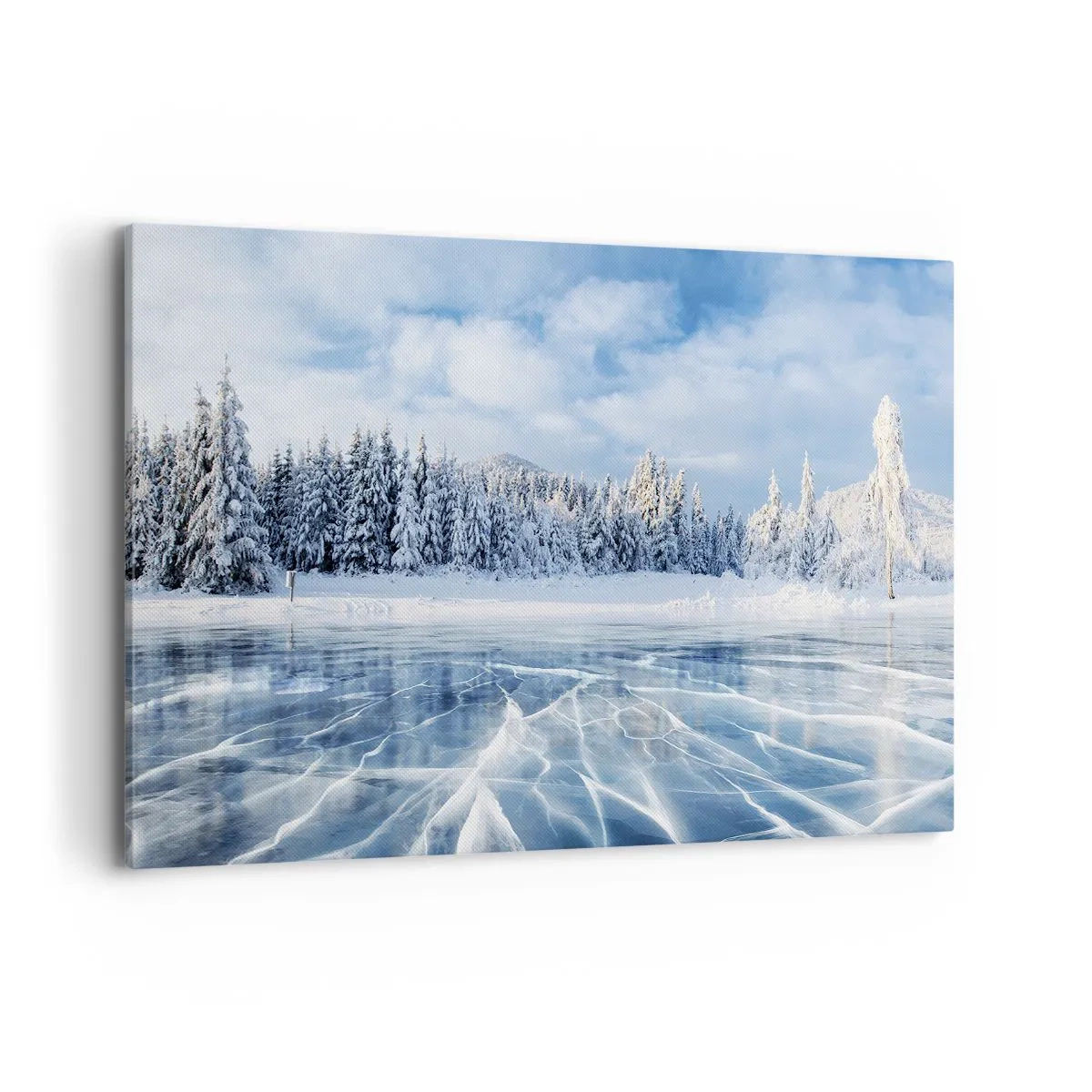 Impression sur toile - Image sur toile - Un lac gelé entouré d'une forêt enneigée - 120x80cm - Vue éblouissante et cristalline - Décoration murale moderne pour le salon et la chambre ARTTOR