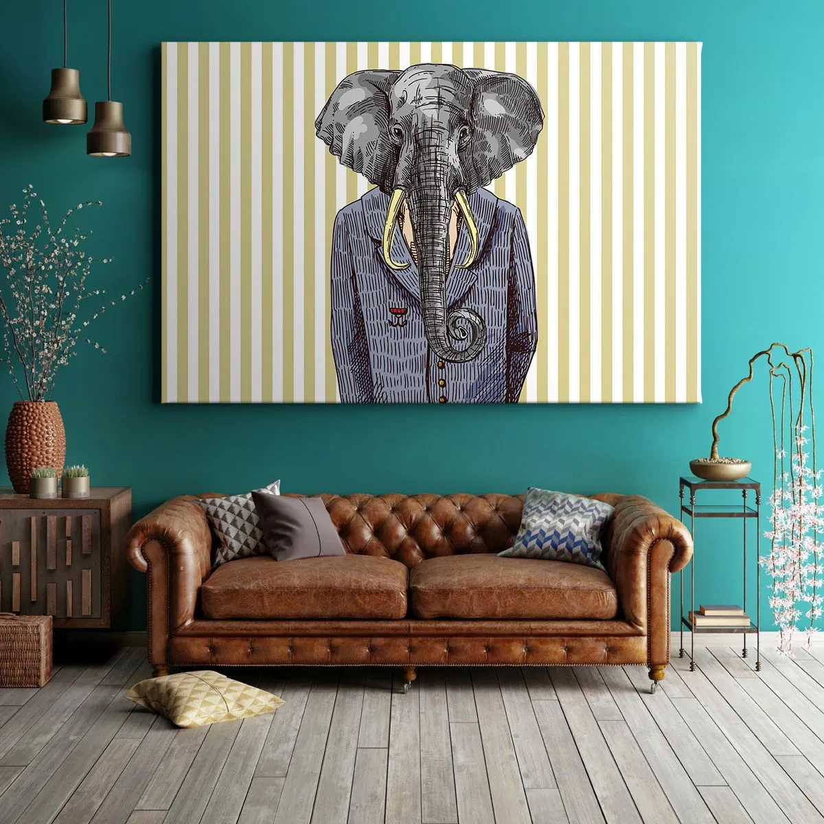 Impression sur toile - Image sur toile - Un éléphant en costume sur fond de rayures beiges - 100x70cm - Élégant par nature - Décoration murale moderne pour le salon et la chambre ARTTOR
