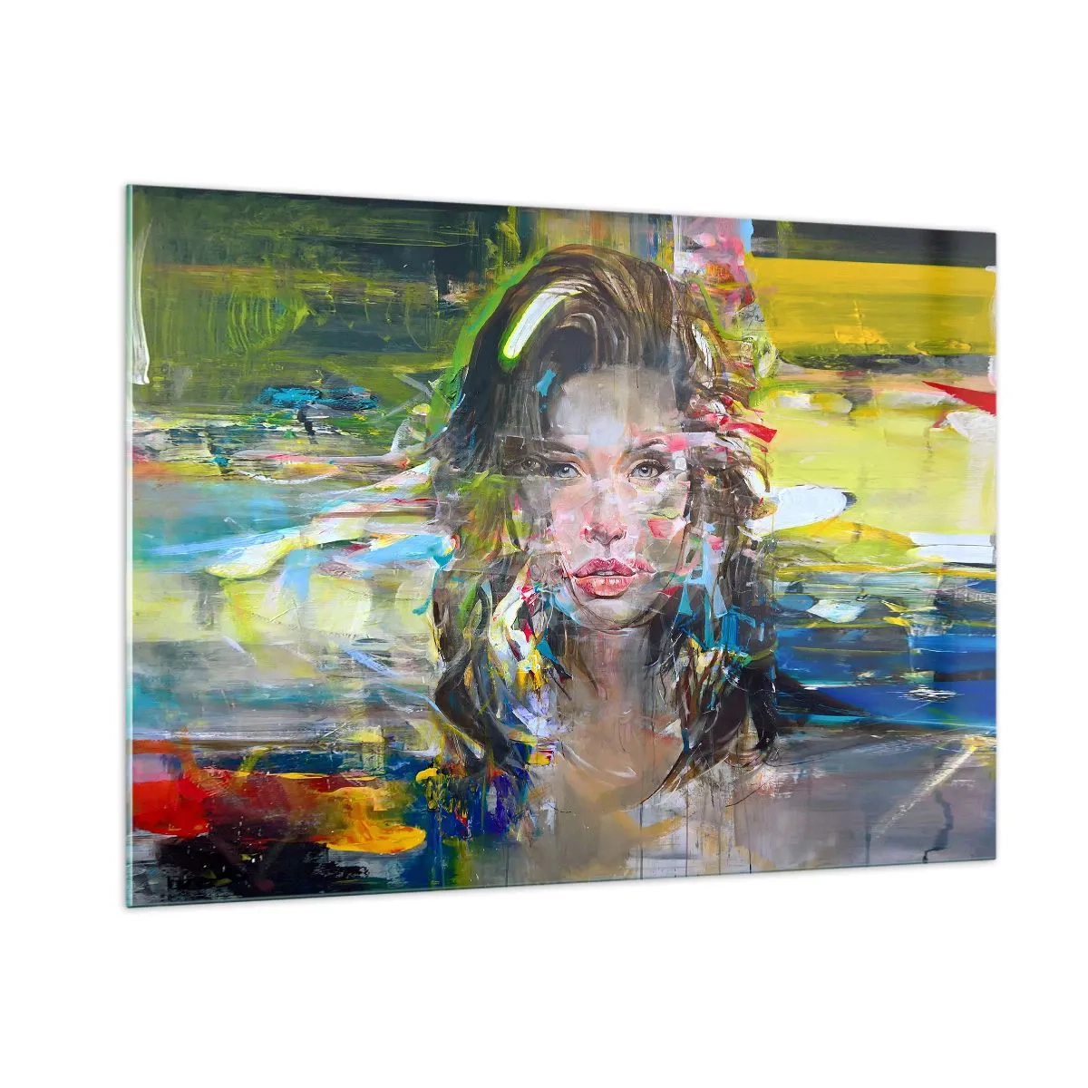 Impression sur verre - Image sur verre - Portrait abstrait d'une femme avec un arrière-plan dynamique - 100x70cm - Derrière l'air, un rideau - Décoration murale moderne pour le salon et la chambre ARTTOR