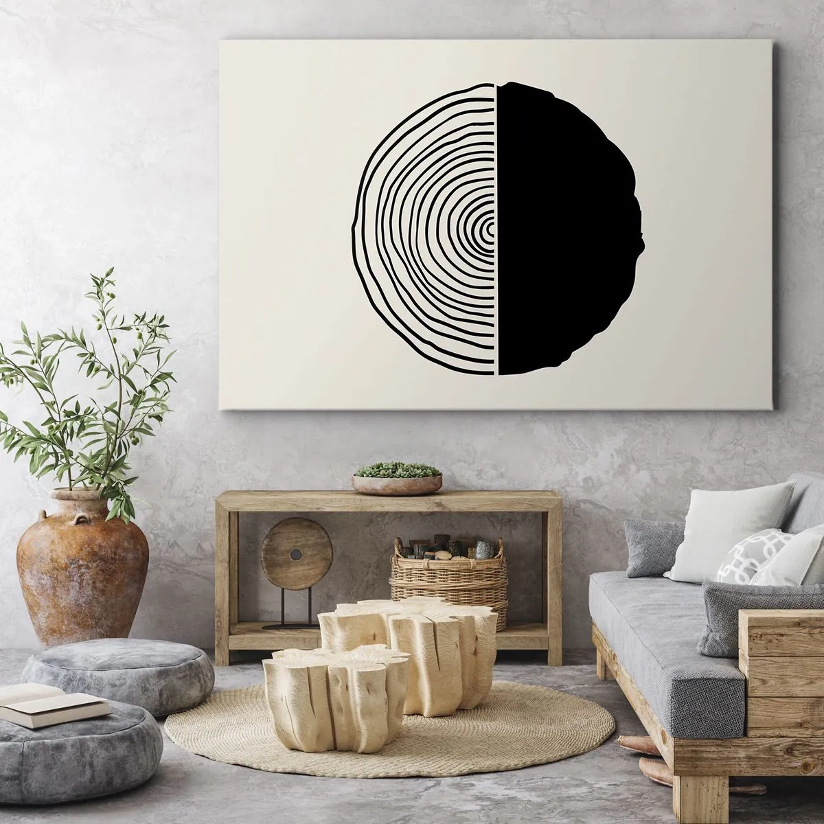 Impression sur toile - Image sur toile - Un motif abstrait en noir et blanc inspiré d'une coupe transversale de bois avec une division géométrique. - 120x80cm - Moitié-moitié - Décoration murale moderne pour le salon et la chambre ARTTOR