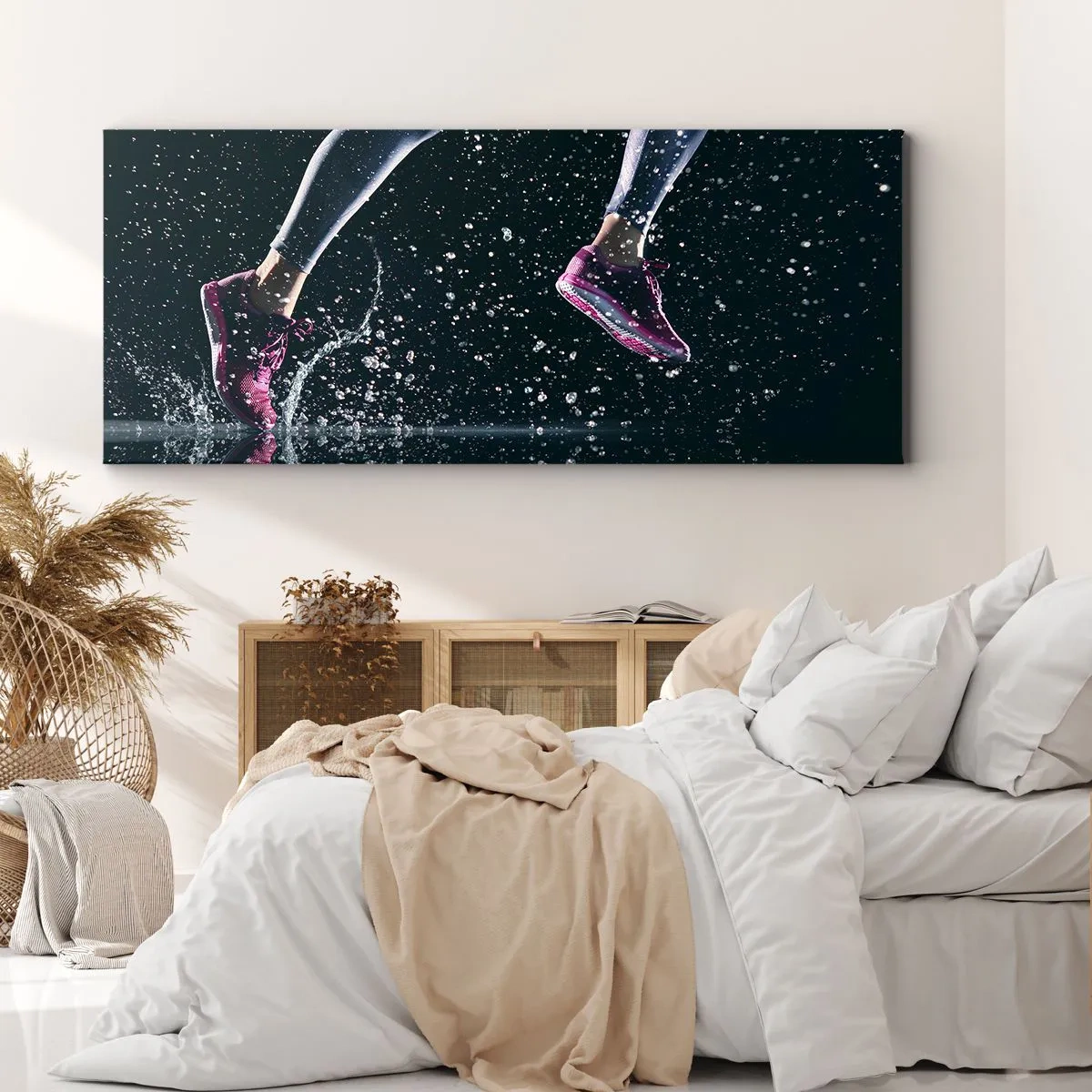Impression sur toile - Image sur toile - Une prise de vue dynamique d'une course sous la pluie sur fond noir - 120x50cm - Combien de force dans les jambes - Décoration murale moderne pour le salon et la chambre ARTTOR