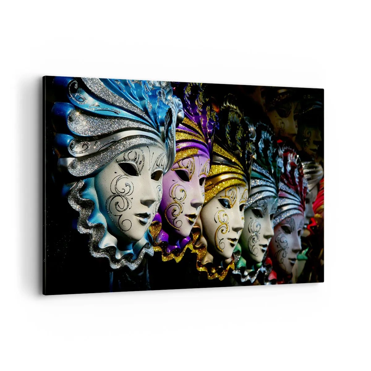 Impression sur toile - Image sur toile - Masques vénitiens de différentes couleurs avec des motifs décoratifs - 120x80cm - Mystère en or et argent - Décoration murale moderne pour le salon et la chambre ARTTOR