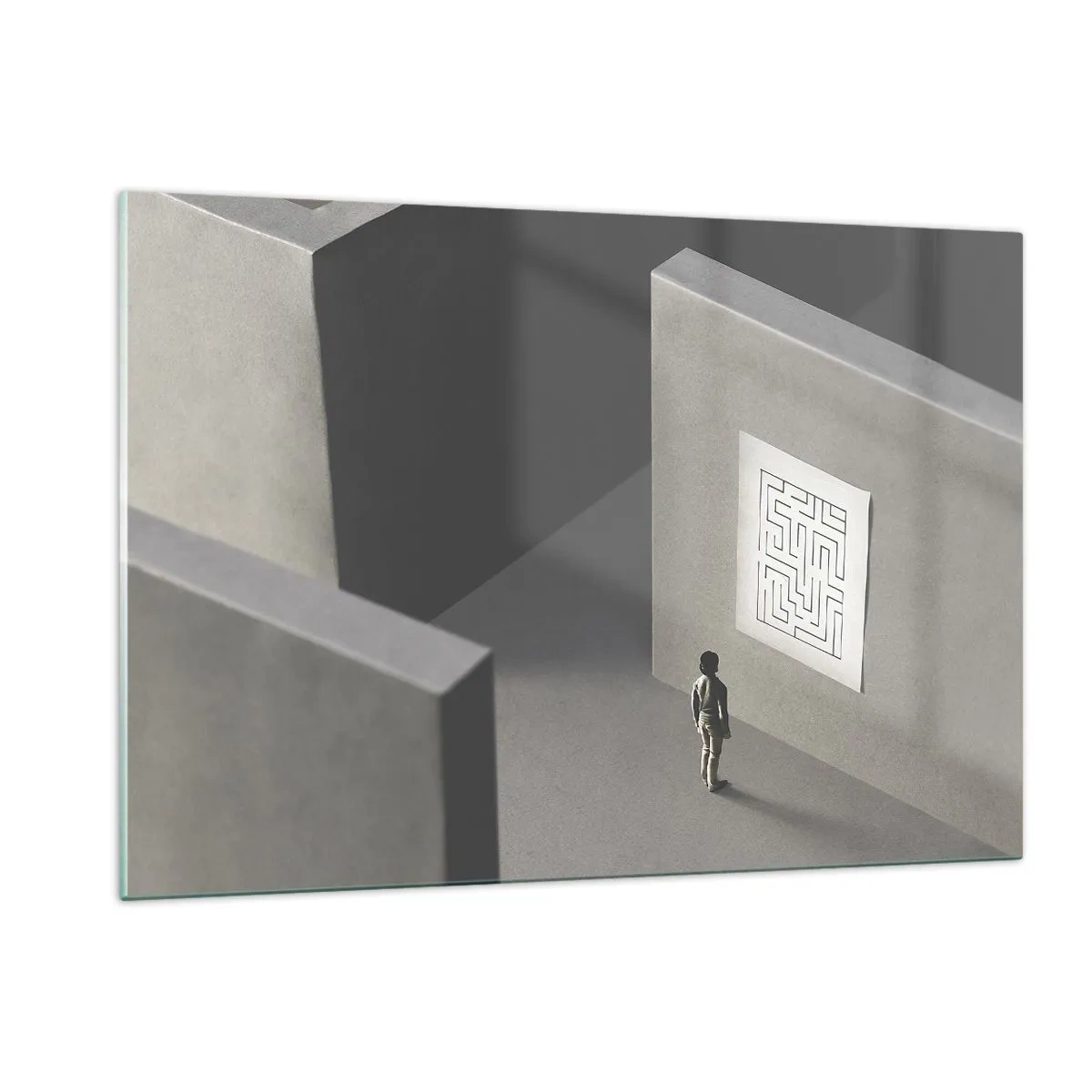 Impression sur verre - Image sur verre - Enfant dans un labyrinthe avec un symbole d'énigme - 120x80cm - Mais où suis-je? - Décoration murale moderne pour le salon et la chambre ARTTOR