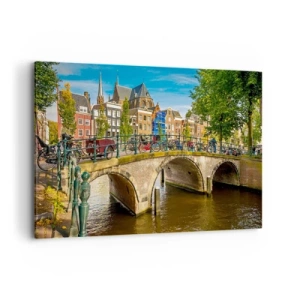 Impression sur toile - Image sur toile - Un canal pittoresque avec un pont à Amsterdam - 120x80cm - Le printemps sur le canal - Décoration murale moderne pour le salon et la chambre ARTTOR