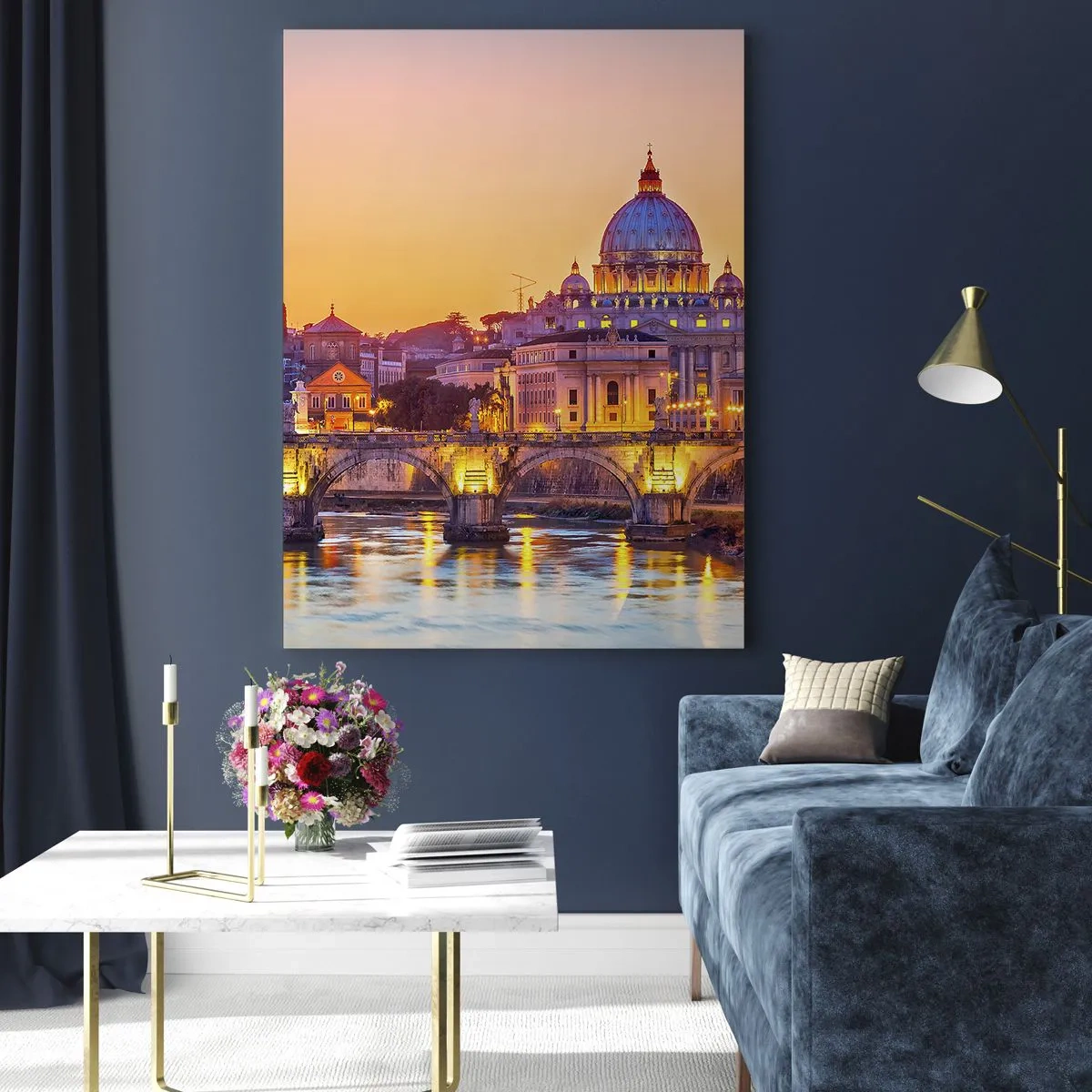 Impression sur verre - Image sur verre - Panorama du Vatican au coucher du soleil avec un pont sur la rivière - 70x100cm - Coucher de soleil sur la ville éternelle - Décoration murale moderne pour le salon et la chambre ARTTOR