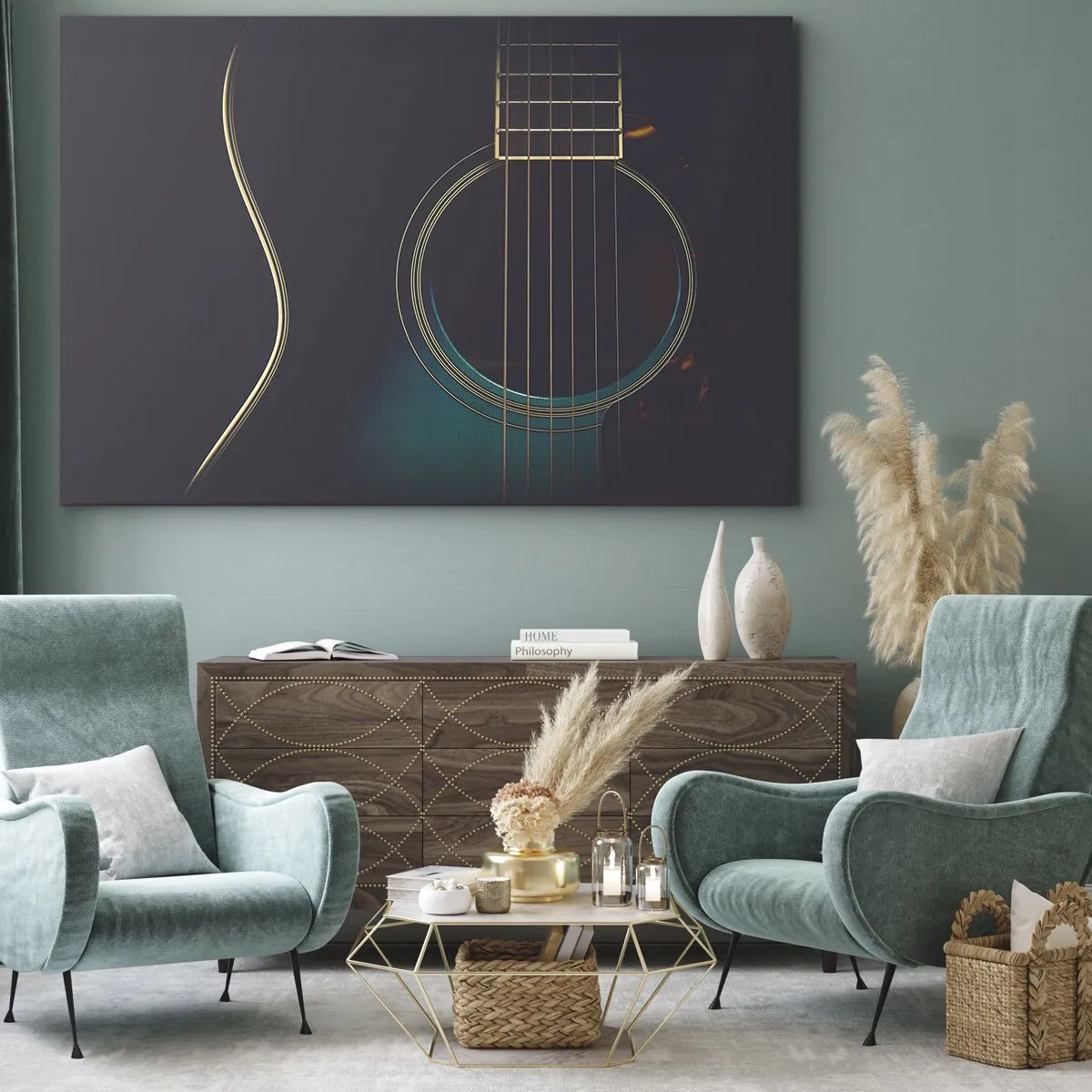 Impression sur toile - Image sur toile - Guitare acoustique dans une lumière sombre et élégante - 100x70cm - Le calme avant la tempête - Décoration murale moderne pour le salon et la chambre ARTTOR