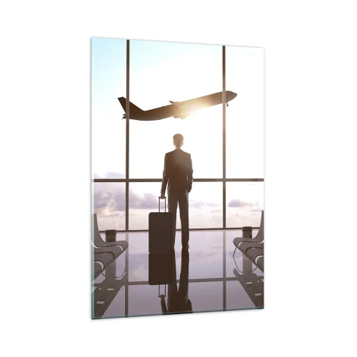 Impression sur verre - Image sur verre - Homme d'affaires à l'aéroport avec un avion en arrière-plan - 80x120cm - Vous avez le temps, ralentissez - Décoration murale moderne pour le salon et la chambre ARTTOR