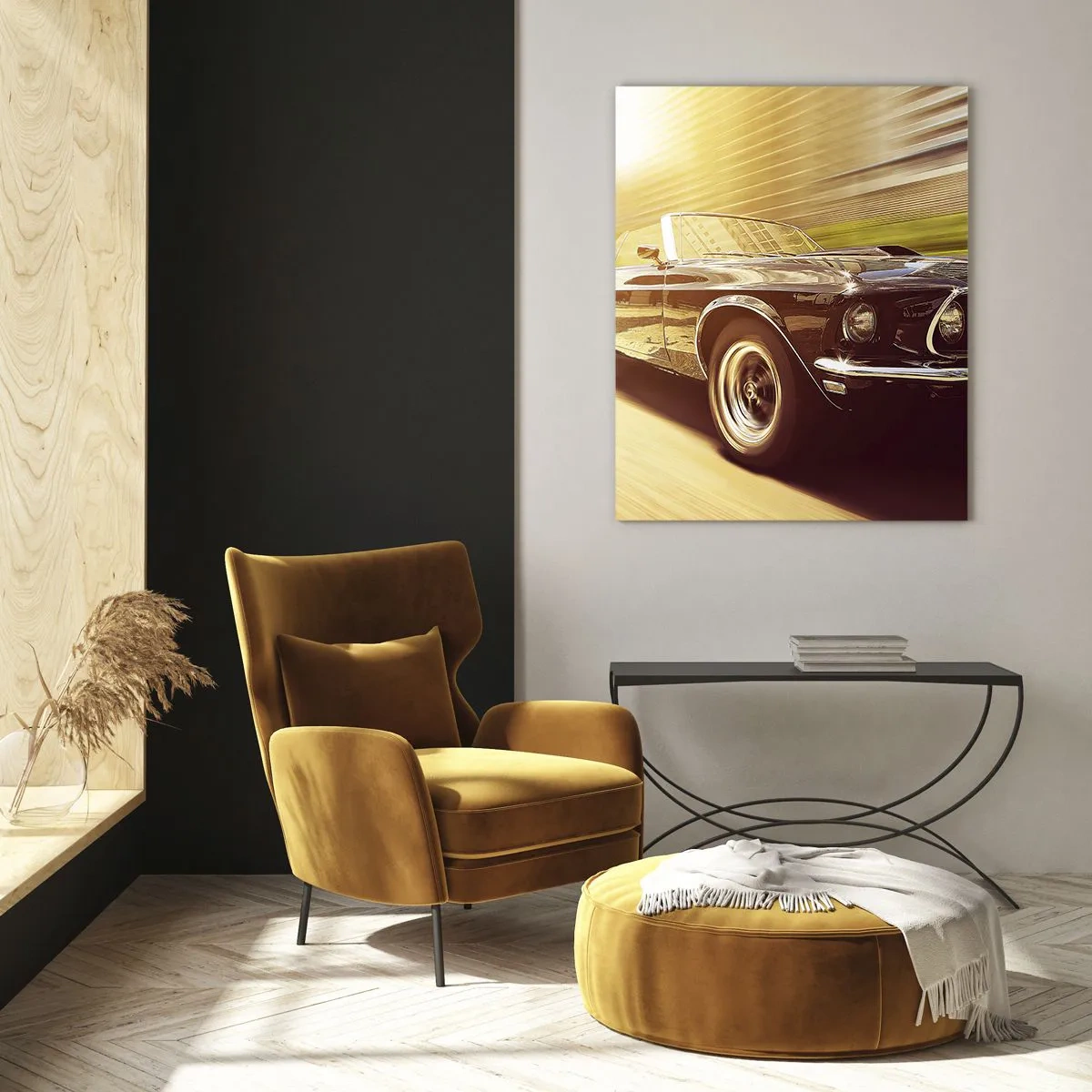Impression sur verre - Image sur verre - Une voiture classique en mouvement dans un décor urbain - 80x120cm - 1967 - le retour de la légende - Décoration murale moderne pour le salon et la chambre ARTTOR