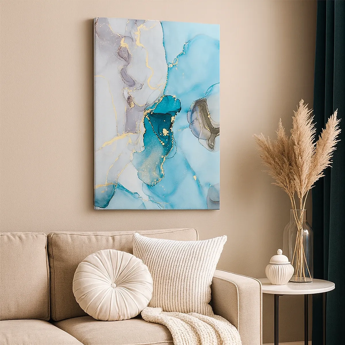 Impression sur toile - Image sur toile - Abstraction dans les tons de bleu et d'or avec des lignes subtiles - 50x70cm - Etude de la rencontre gris et turquoise - Décoration murale moderne pour le salon et la chambre ARTTOR