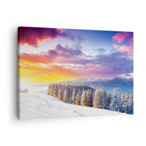 Impression sur toile - Image sur toile - Paysage d'hiver avec montagnes et forêt au coucher du soleil - 70x50cm - En pleine journée - Décoration murale moderne pour le salon et la chambre ARTTOR