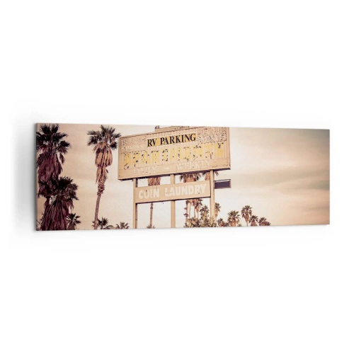 Impression sur toile - Image sur toile - Panneau de motel rétro entouré de palmiers - 160x50cm - Ici, le temps s'est arrêté - Décoration murale moderne pour le salon et la chambre ARTTOR