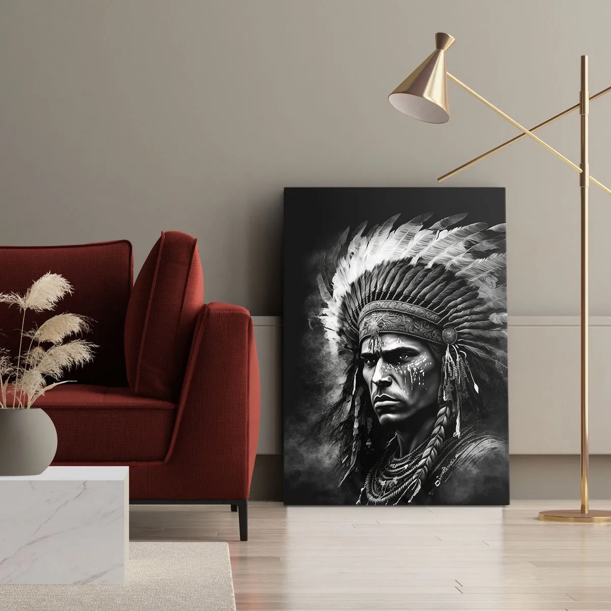 Impression sur toile - Image sur toile - Portrait d'un chef portant une coiffe à plumes sur fond noir - 80x120cm - Un leader et un guerrier - Décoration murale moderne pour le salon et la chambre ARTTOR