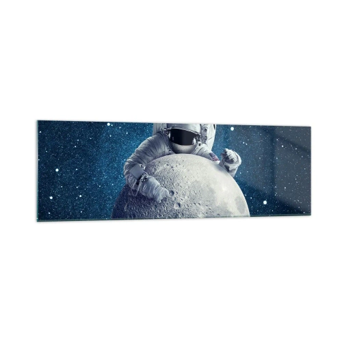 Impression sur verre - Image sur verre - Astronaute tenant la lune dans un ciel étoilé - 160x50cm - Comique de l'espace - Décoration murale moderne pour le salon et la chambre ARTTOR