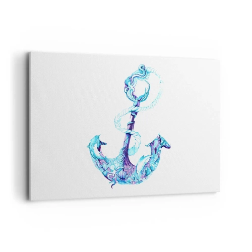 Impression sur toile - Image sur toile - Ancre abstraite dans des tons de bleu avec des détails nautiques - 120x80cm - Le confident des secrets de la mer - Décoration murale moderne pour le salon et la chambre ARTTOR