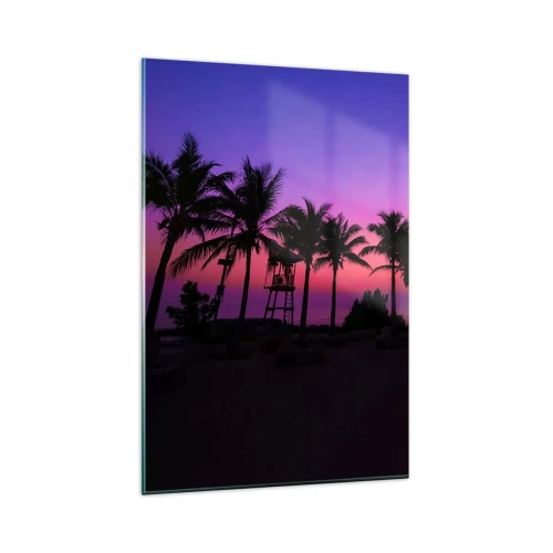 Impression sur verre - Image sur verre - Silhouettes de palmiers sur un ciel de coucher de soleil rose-violet - 80x120cm - Soirée sous les palmiers - Décoration murale moderne pour le salon et la chambre ARTTOR