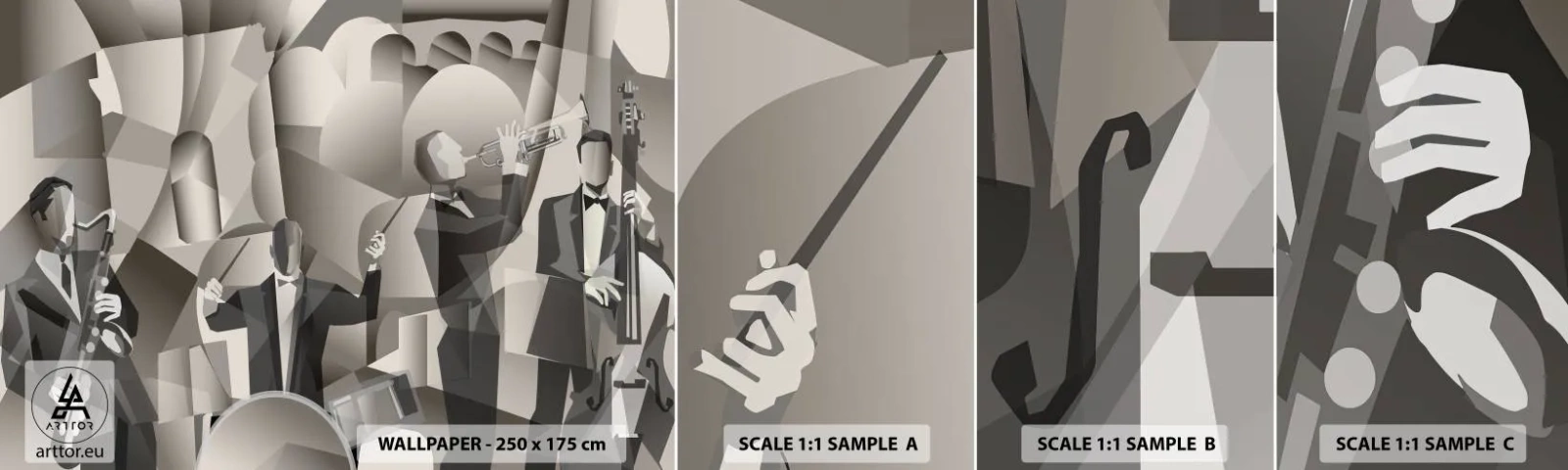 Échantillon de Papier Peint Autocollant Deluxe Sticker - Dans l'espace des sons - Abstraction, Groupe, le jazz - 100x30 cm