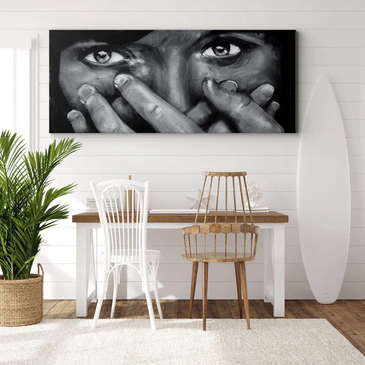 Impression sur toile - Image sur toile - Portrait en noir et blanc d'une femme se couvrant le visage avec ses mains. - 120x50cm - Je ne dirai pas qui a peint - Décoration murale moderne pour le salon et la chambre ARTTOR