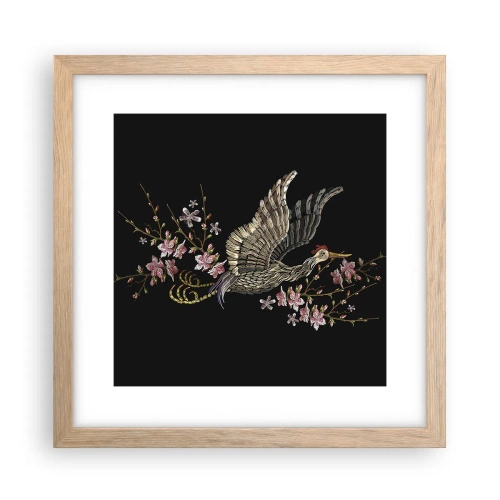 Affiche dans un chêne clair - Poster - Oiseau brodé exotique - 30x30 cm