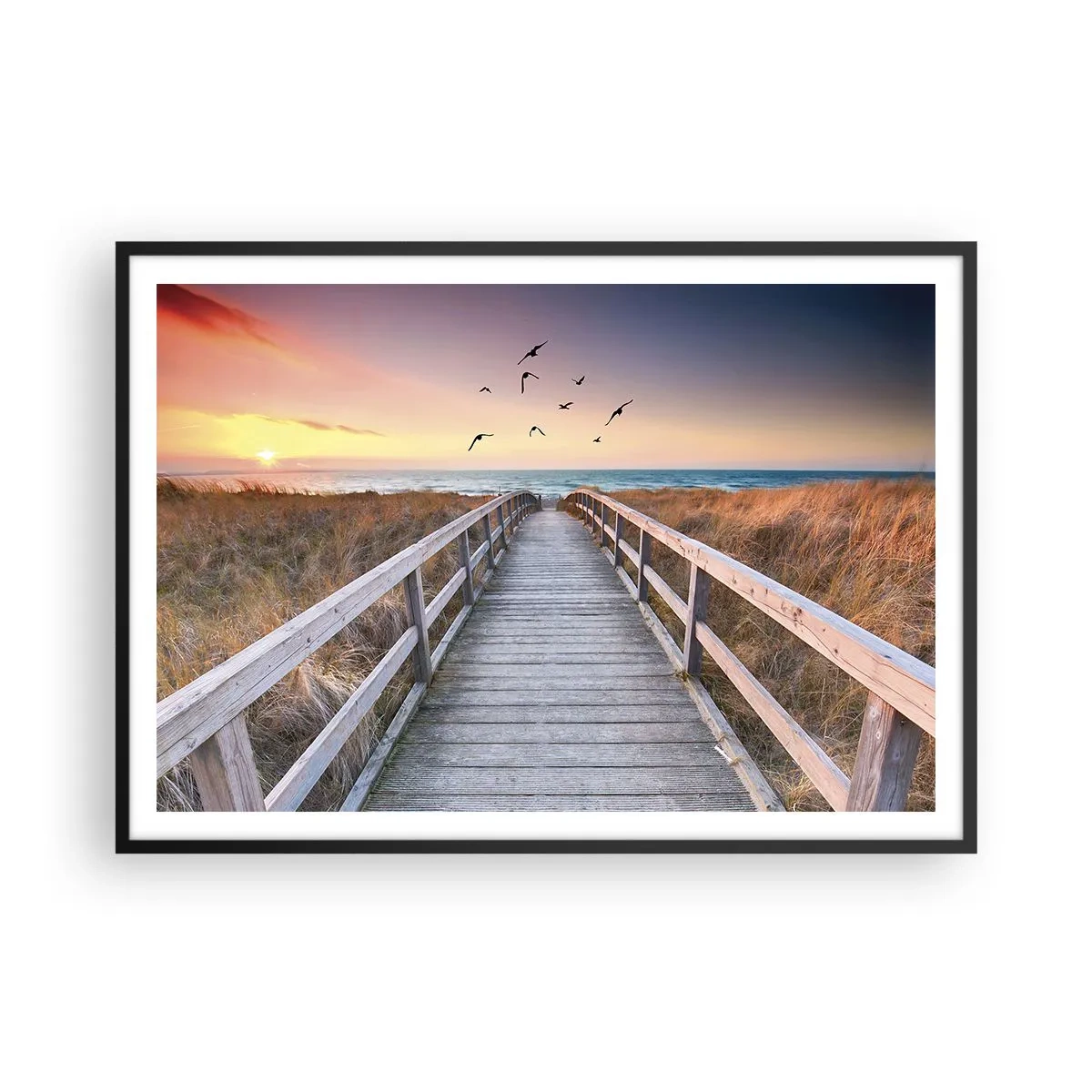 Affiche dans un cadre noir - Poster - Jetée en bois menant à la plage au coucher du soleil - 100x70cm - Envol des espaces - Décoration murale moderne pour le salon et la chambre ARTTOR