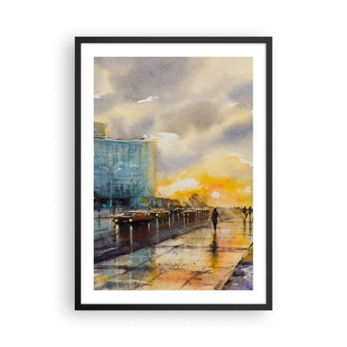Affiche dans un cadre noir - Poster - Une rue pittoresque sous la pluie au coucher du soleil - 50x70cm - La vie sur le rivage - Décoration murale moderne pour le salon et la chambre ARTTOR