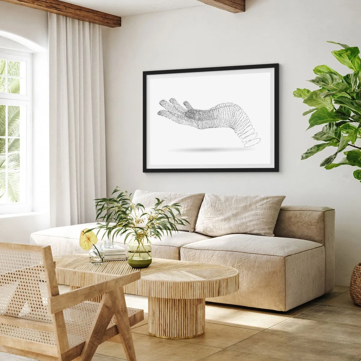 Affiche dans un cadre noir - Poster - Une illustration minimaliste d'une main faite de points noirs sur fond blanc. - 70x50cm - La main ressort - Décoration murale moderne pour le salon et la chambre ARTTOR
