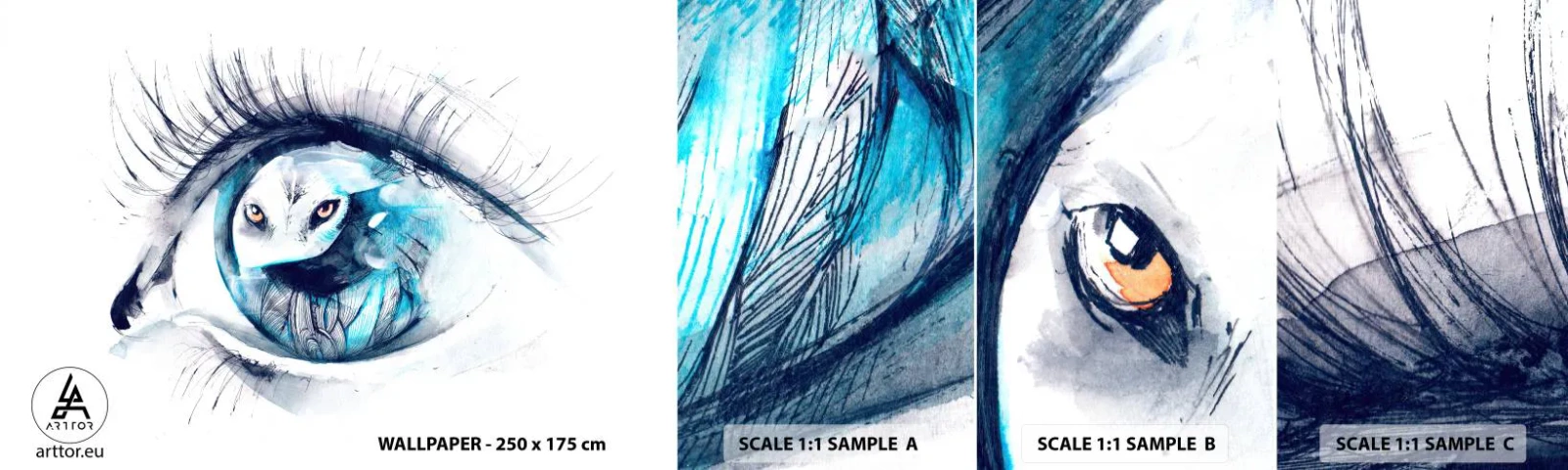 Échantillon De Papier Peint Standard Eco - Face à face avec la nature sauvage - Abstraction, Œil, Hibou - 100x30 cm