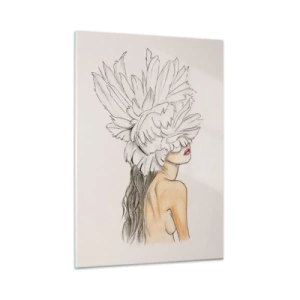 Impression sur verre - Image sur verre - Un dessin d'une femme aux cheveux longs et à la couronne de grandes plumes - 50x70cm - Beauté couronnée - Décoration murale moderne pour le salon et la chambre ARTTOR