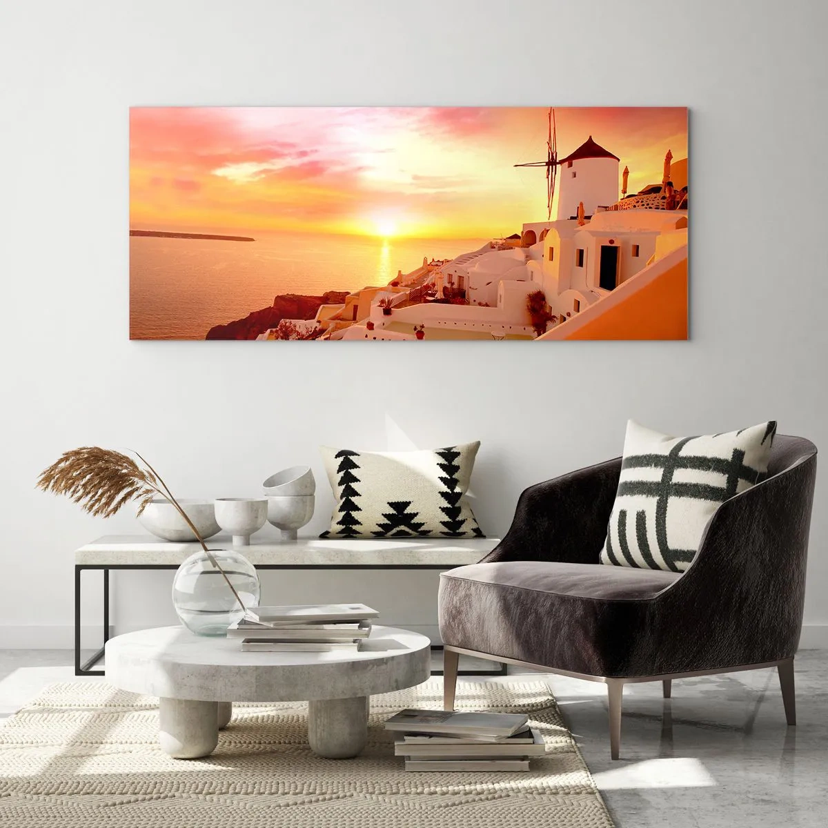 Impression sur verre - Image sur verre - Santorin au coucher du soleil avec un moulin à vent - 140x50cm - Fondre en blanc et or - Décoration murale moderne pour le salon et la chambre ARTTOR