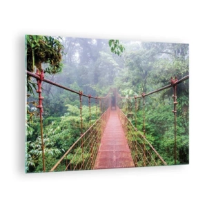 Impression sur verre - Image sur verre - Un pont suspendu rouge au-dessus d'une jungle verte dans le brouillard - 70x50cm - Suspendu sur les couronnes - Décoration murale moderne pour le salon et la chambre ARTTOR